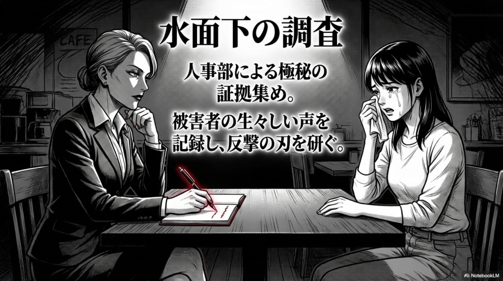 人事部が水面下で被害者の生々しい声を記録し、お局への反撃に向けて極秘に証拠集めを進めている様子