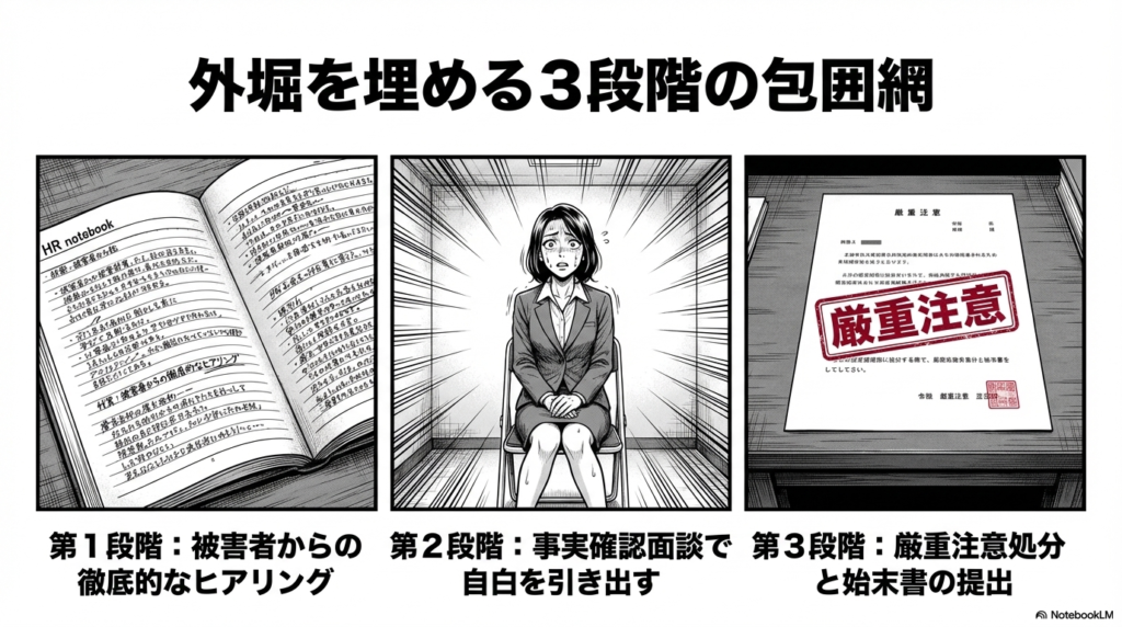 被害者からのヒアリング、事実確認の面談、そして厳重注意と始末書の提出という3段階で、お局の外堀を埋めていく人事部のノート
