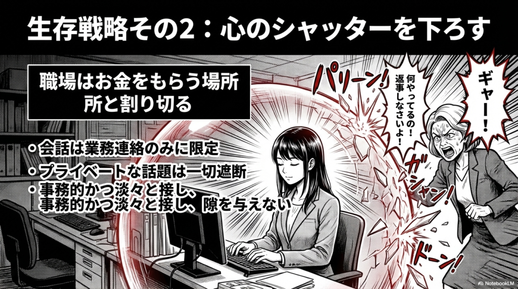 職場はお金をもらうための場所だと割り切り、会話を業務連絡だけに限定して、お局に嫌味を言われる隙を与えない方法を説明した画像です。