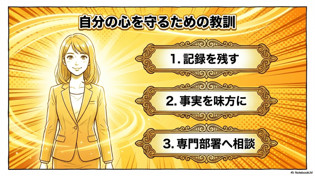 お局から自分の心を守るための教訓として、記録を残すこと、事実を味方にすること、専門部署へ相談することの3点をまとめています。