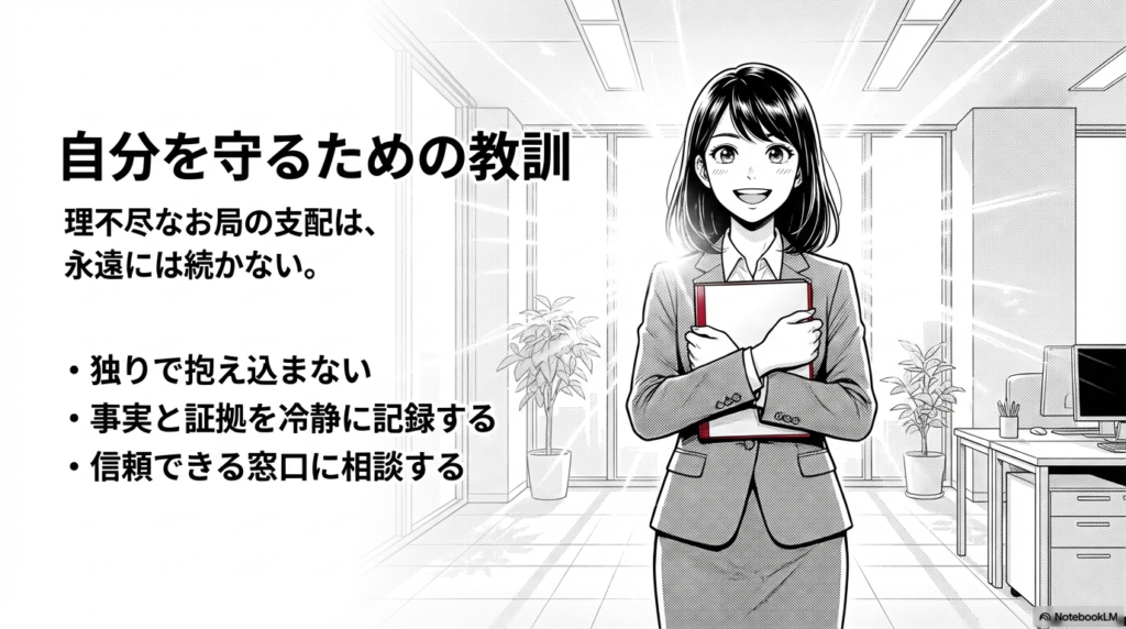 理不尽なお局の支配から自分を守るための教訓として、独りで抱え込まずに事実と証拠を冷静に記録し、信頼できる窓口に相談することの重要性をまとめた画像