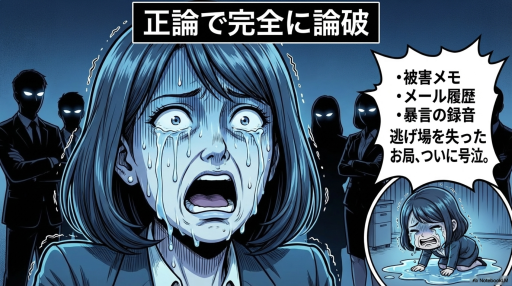 被害メモや録音データなどの証拠を揃えて正論で問い詰め、逃げ場を失ったお局が泣き崩れるまでの過程を示しています。