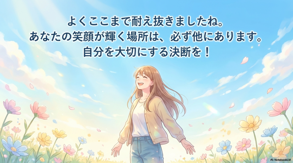 よく耐え抜いた自分を労い、笑顔が輝く別の場所に向けて自分を大切にする決断を促す温かいメッセージが書かれたスライド画像です。