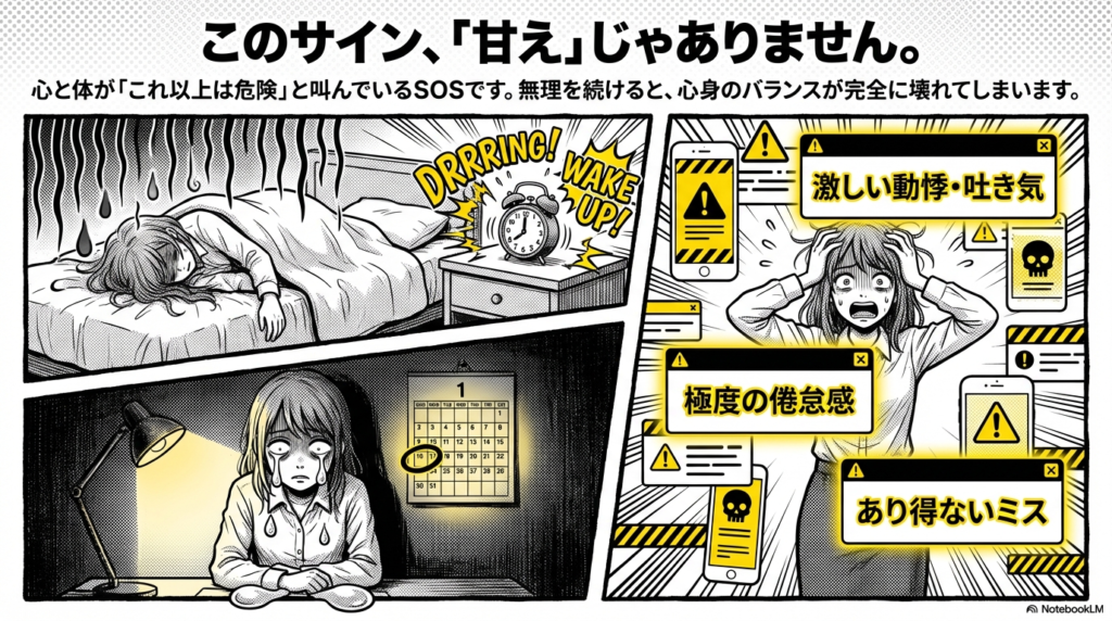 激しい動悸や吐き気、極度の倦怠感、あり得ないミスなどの症状は甘えではなく、心と体が危険を知らせているSOSサインであることを説明しています。