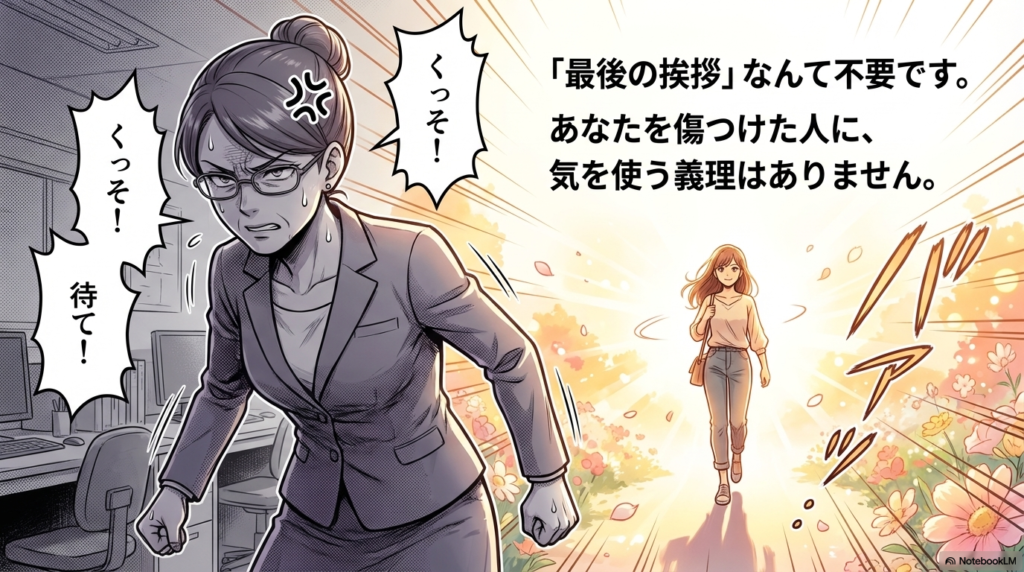 自分を傷つけた人に対して気を使う義理はなく、最後の挨拶などは不要であることを説明するスライド画像です。