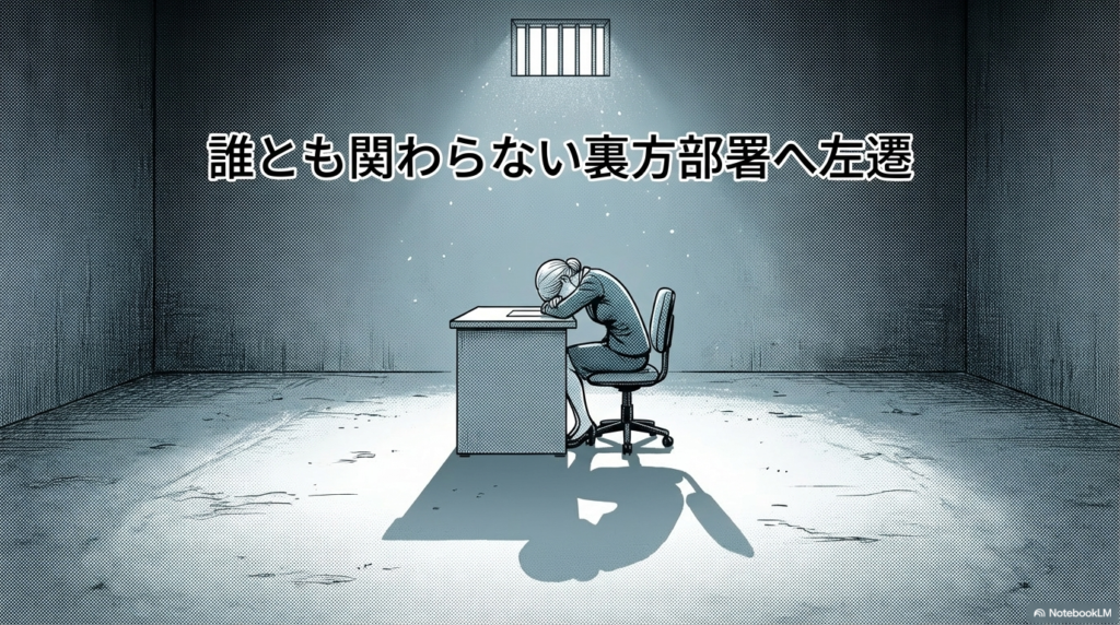 これまでの悪行がバレて、誰とも関わらない裏方部署へ左遷されてショックを受けるお局のイラストです。