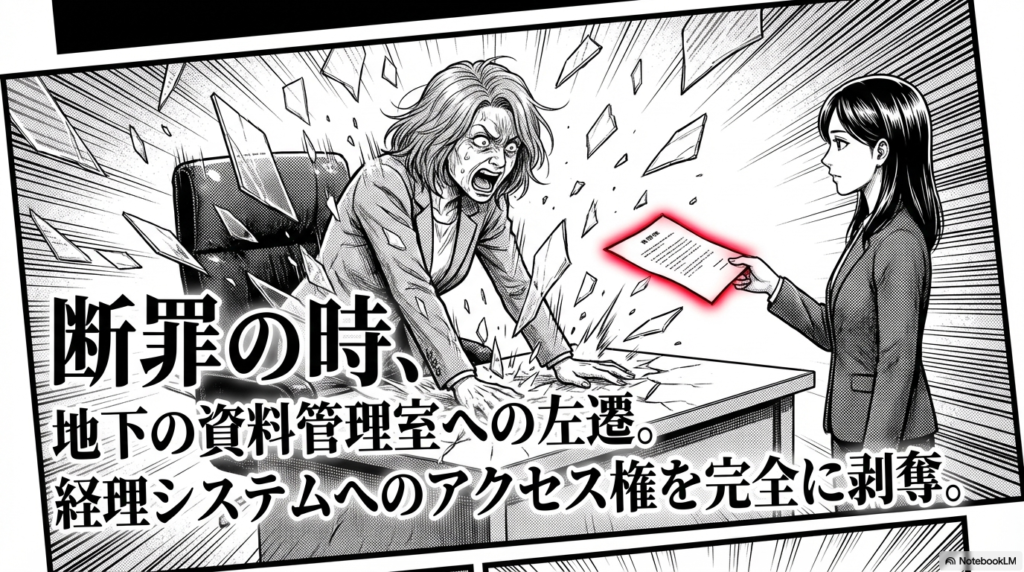 お局への断罪として、地下の資料管理室へ左遷させ、経理システムへのアクセス権を完全に剥奪したことを示す画像