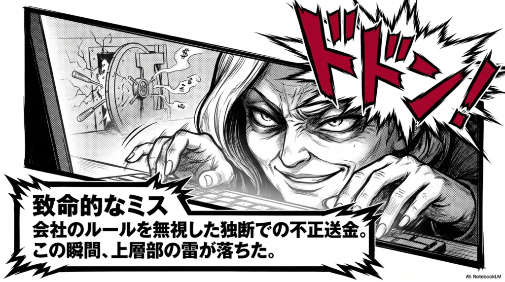 会社のルールを無視して独断で不正送金を行うという、お局の致命的なミスを描いたイラスト