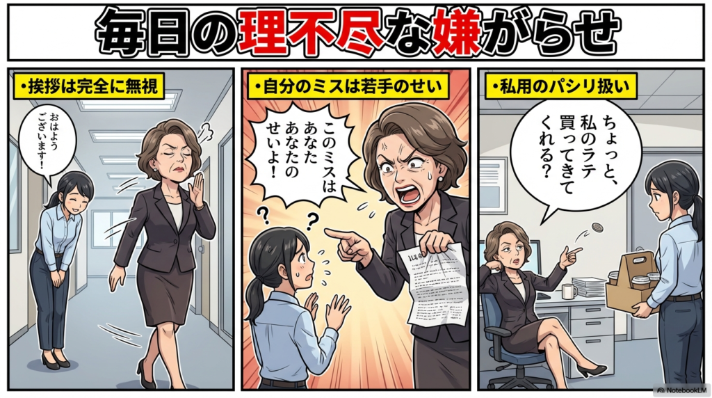 挨拶の無視や自分のミスを若手のせいにするなど、職場で繰り返されるお局からの理不尽な嫌がらせの内容をまとめたイラストです。