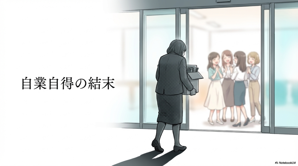職場で完全に孤立した結果、いたたまれなくなり自業自得の結末を迎えるお局の姿です。