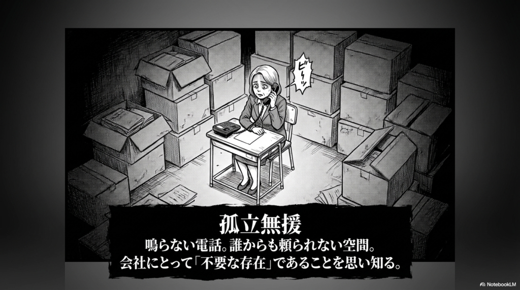 地下室へ左遷されたお局が、鳴らない電話の前で孤立無援となり、会社にとって自分が不要な存在であると思い知る惨めな姿のイラスト