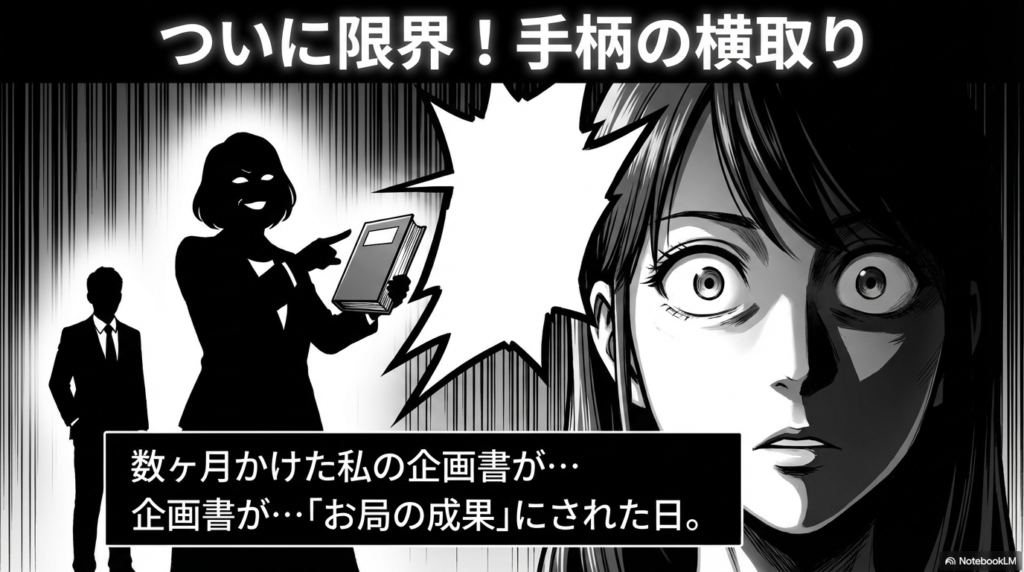 数ヶ月かけて作成した大切な企画書をお局に自分の成果として横取りされ、ついに我慢の限界を迎えた状況を説明しています。