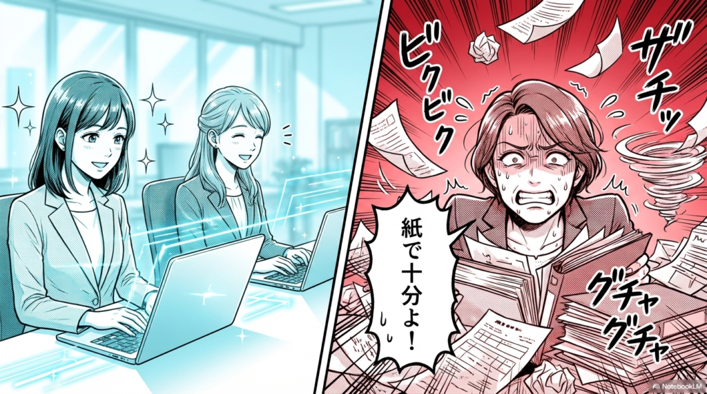 会社の新しいシステムを拒否し、「紙で十分よ！」と意地を張って大量の書類と格闘するお局の様子です。