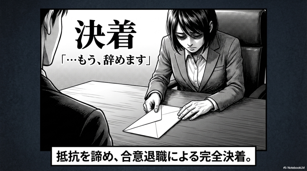 すべての抵抗を諦めたお局が「もう辞めます」と退職届を提出し、合意退職による完全決着を迎えた場面のイラスト