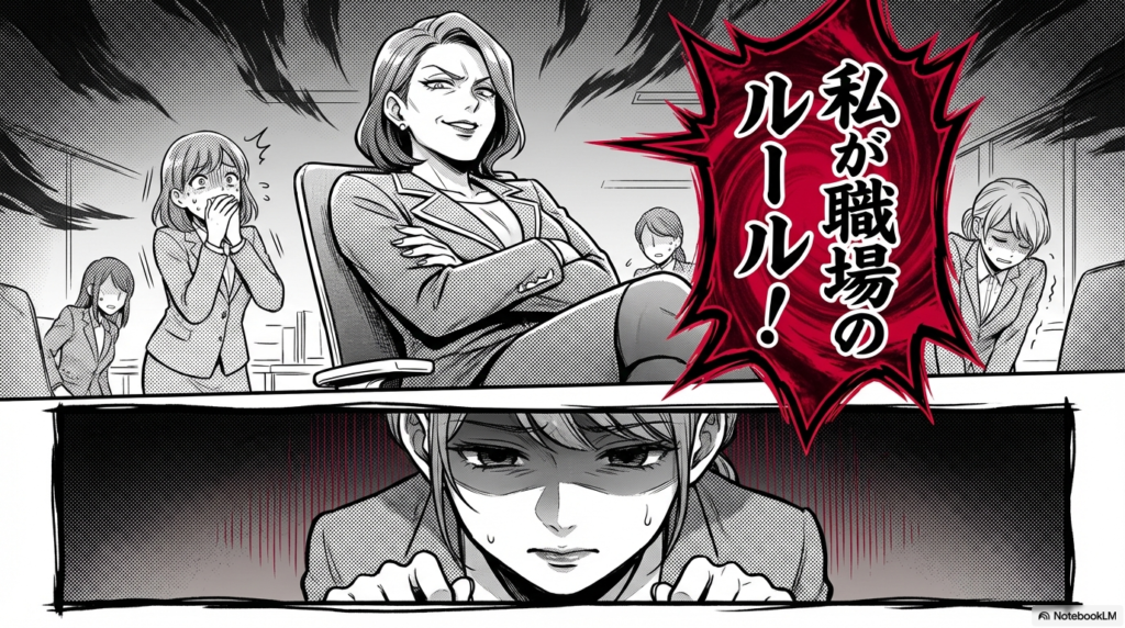 自分が職場のルールだと思い込み、周囲に威張っているお局の様子を描いたイラストです。