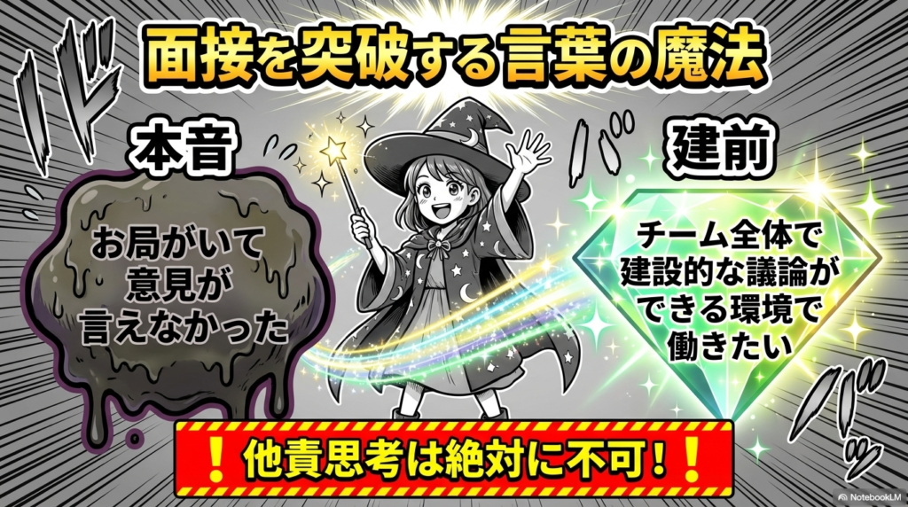お局がいて意見が言えなかったという本音を、チーム全体で建設的な話し合いができる環境で働きたいという前向きな建前に変換する例を示したスライドです