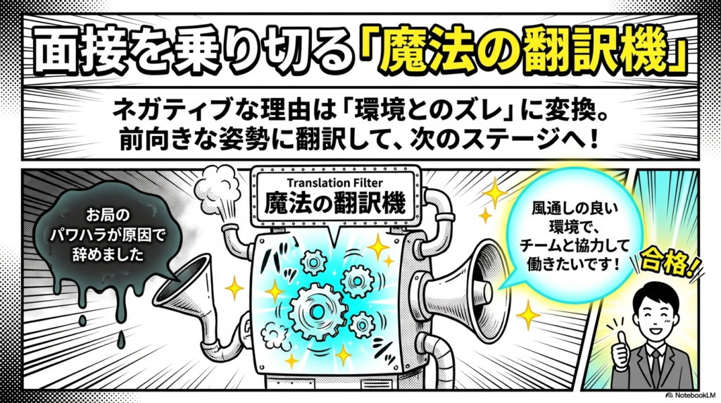 お局のパワハラが原因というネガティブな退職理由を、魔法の翻訳機を通して、風通しの良い環境でチームと協力したいという前向きな言葉に変換する様子です。