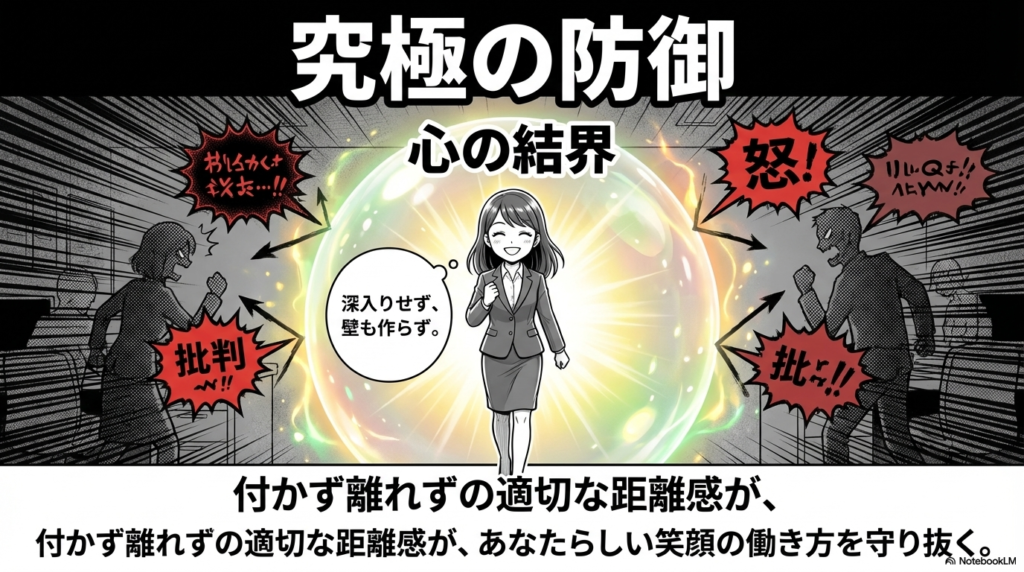 深入りせず壁も作らない、付かず離れずの適切な距離感を保つことが、自分らしい働き方を守り抜く究極の防御であると説明したスライドです
