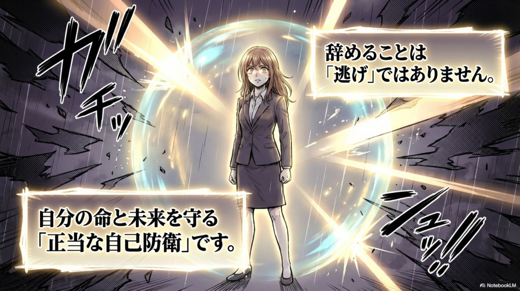 会社を辞めることは逃げではなく、自分の命と未来を守るための正当な自己防衛であることを伝えるスライド画像です。