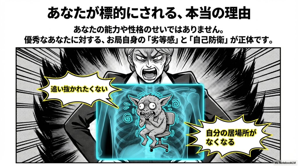 標的にされるのはあなたのせいではなく、追い抜かれたくない、居場所がなくなるというお局自身の劣等感と自己防衛が理由であることを表しています。
