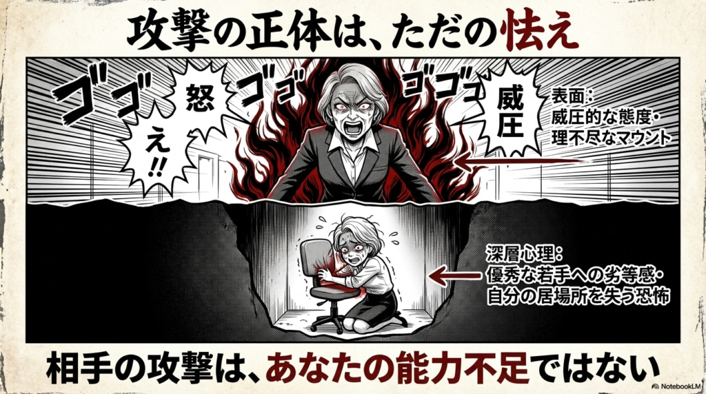 お局の威圧的な態度の裏には、優秀な若手に対する劣等感や、自分の居場所を失ってしまうかもしれないという恐怖が隠れていることを解説した画像です。