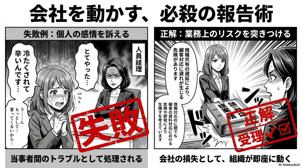 個人の辛い気持ちを訴えるのではなく、情報共有の遅れなど会社にとって損害になるリスクとして報告することで、組織を効果的に動かす方法を比較した画像です。