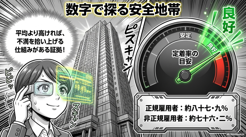 正規雇用者と非正規雇用者の定着率の目安を示し、平均より高ければ不満をすくい上げる仕組みがある証拠だと説明したスライドです