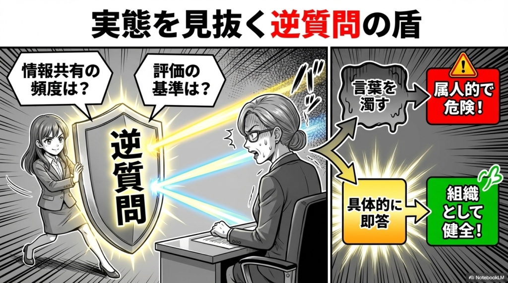 面接での質問に対して面接官が言葉を濁す場合は危険であり、具体的に即答できる場合は組織として健全であることを解説したスライドです