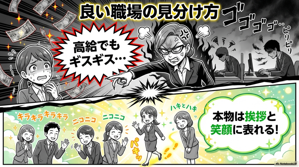 良い職場を見分けるポイントは、すれ違う社員の自然な挨拶と笑顔に表れることをわかりやすく解説したスライドです