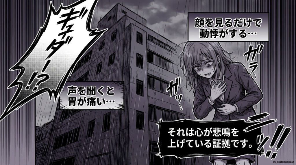顔を見るだけで動悸がしたり声を聞くと胃が痛くなったりするのは、心が悲鳴を上げている証拠であると説明するスライド画像です。
