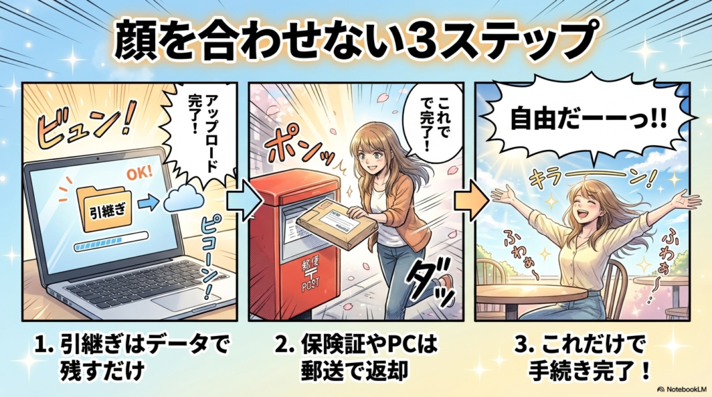 データでの引き継ぎ、郵送での備品返却など、職場の人と顔を合わせずに退職手続きを完了させる3つの手順を解説したスライド画像です。