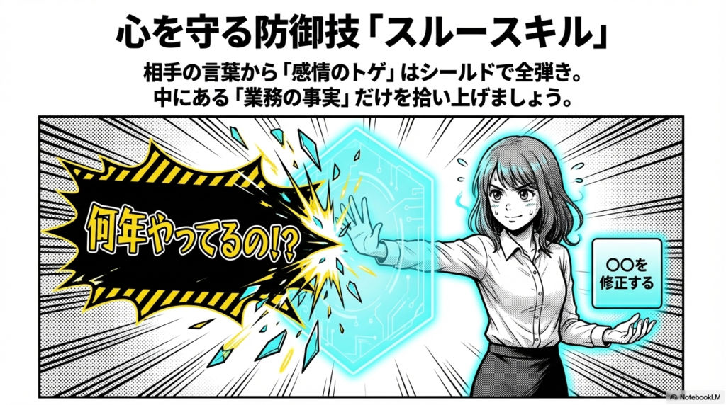 相手の言葉から感情的なトゲはシールドで弾き返し、業務に必要な事実だけを拾い上げるスルースキルのイメージです。