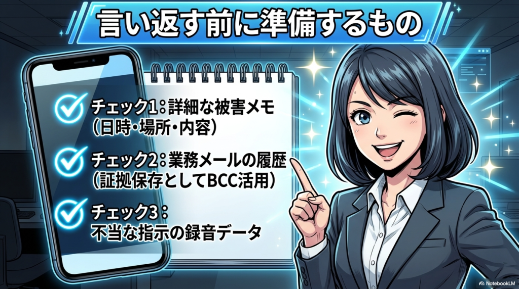 詳細な被害メモ、業務メールの履歴、不当な指示の録音という、反撃を成功させるために必要な3つの準備物を確認するチェックリストです。