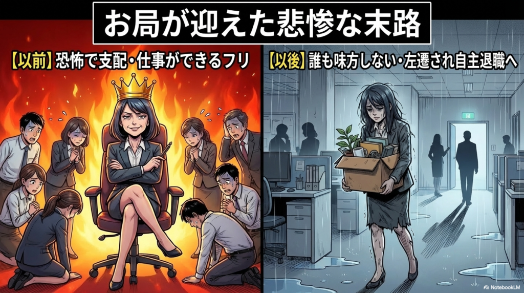 かつて恐怖で周囲を支配していたお局が、悪事の露呈によって誰からも味方されなくなり、孤立して去っていく様子を描いています。