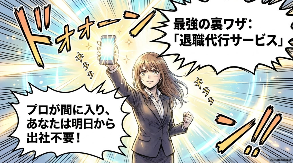 退職代行サービスを利用すればプロが間に入ってくれるため、明日から出社が不要になるという裏ワザを紹介するスライド画像です。