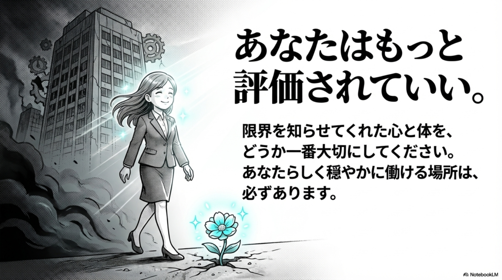 限界を知らせてくれた心と体を一番大切にし、あなたはもっと評価されていい、あなたらしく穏やかに働ける場所は必ずあるというメッセージです。